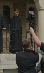 Mack, Alec as Dom Johan, on location. Mack - setting up for the camera